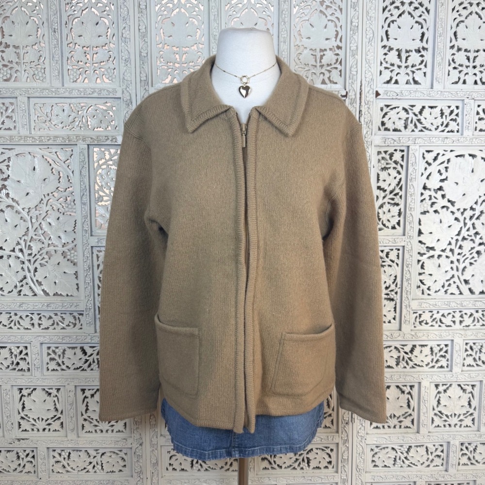 Jones & Co 100% Wool Tan Collared Full Zip Grannycore Long Sleeve Cardigan Sz L